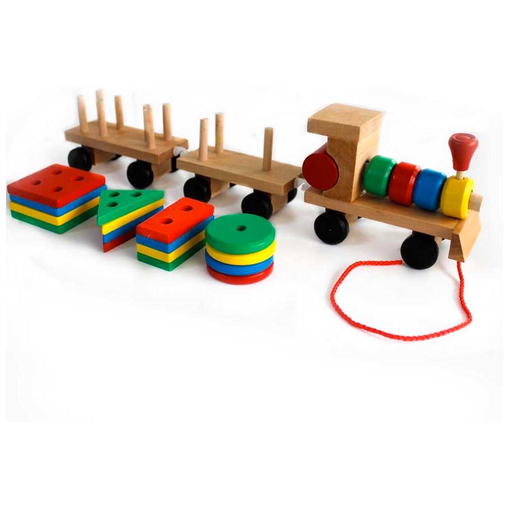 trenino in legno con vagoni giocattolo
